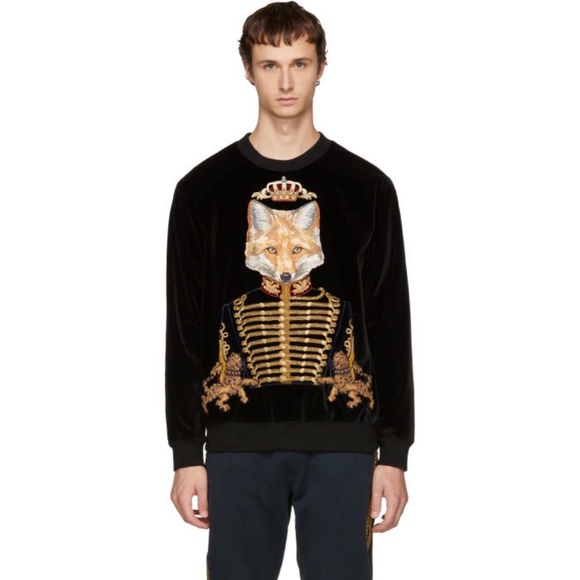 Dolce and Gabbana  Black Velvet Royal Fox Sweatshirt   IT 52 - Picture 2 of 9